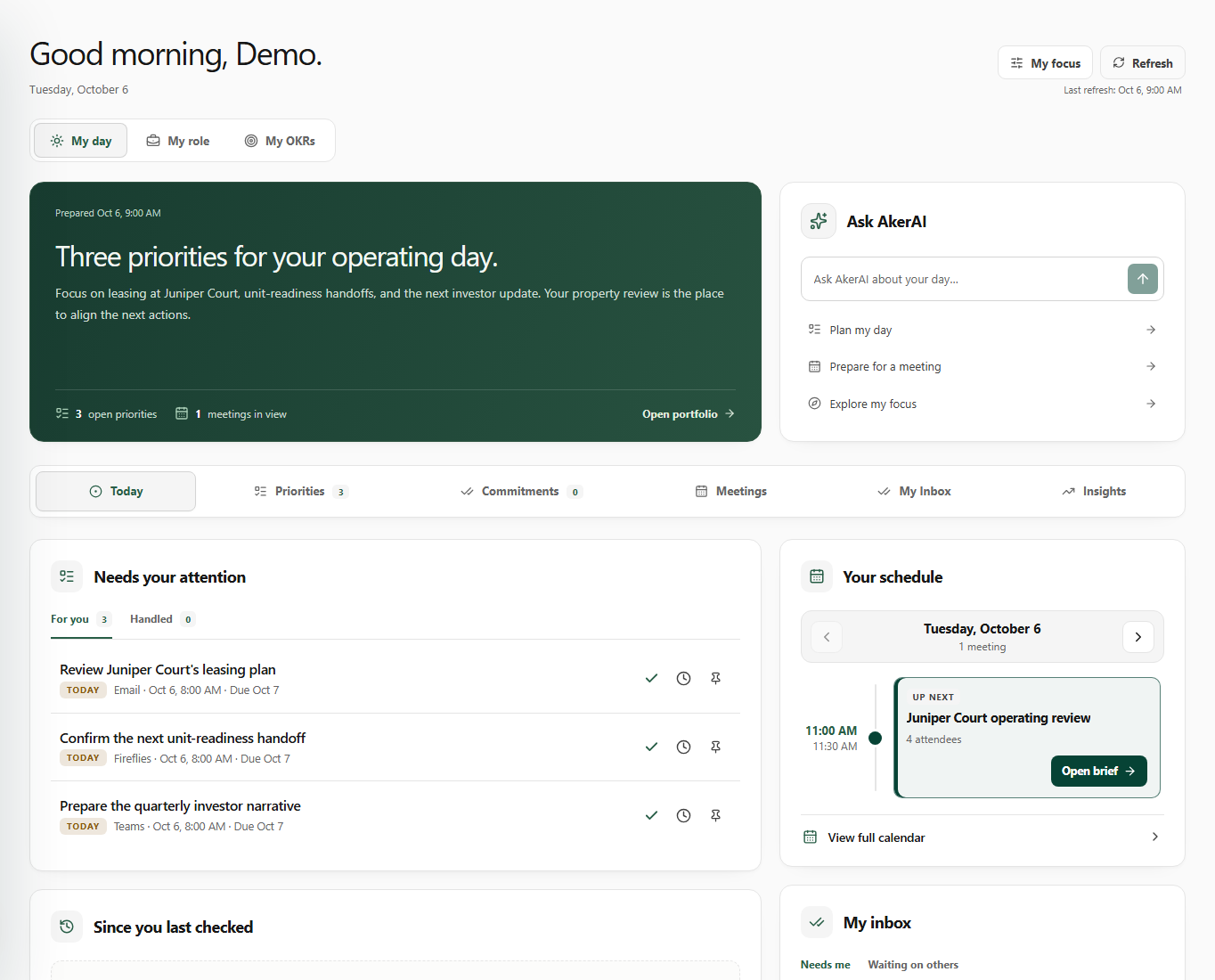 Actual dashboard homepage showing a daily brief, priorities, and meeting schedule with synthetic demo data.