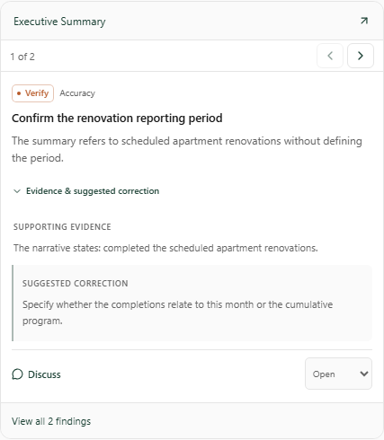 Actual AI Reviewer panel showing illustrative accuracy and editorial findings for a fictional investor letter.