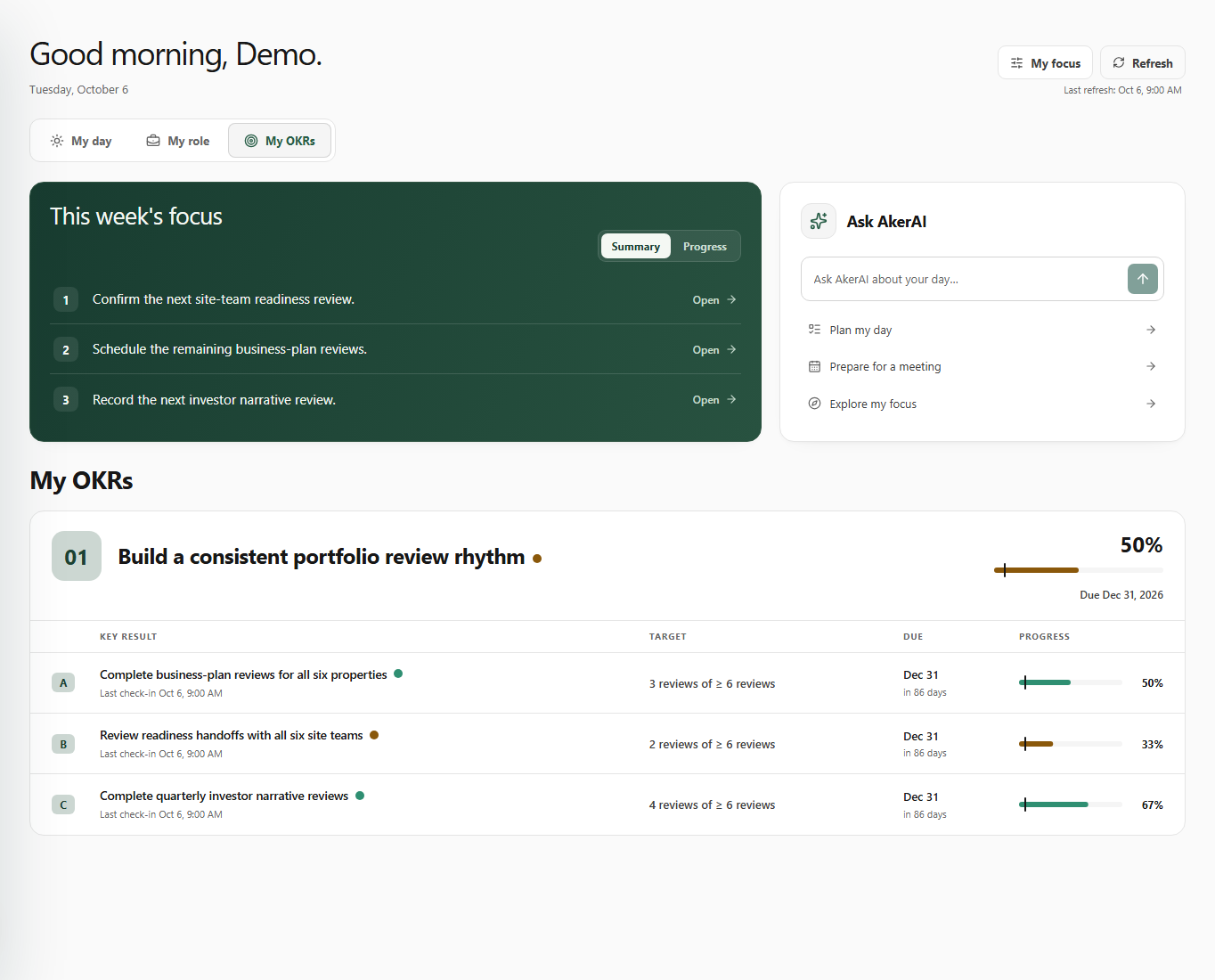 Actual My OKRs workspace showing synthetic objectives, measurable key results, progress, and weekly suggested actions.